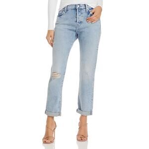 Mother Women The Scrapper Double Cuff High Rise Distressed Straight Leg Jeans 27